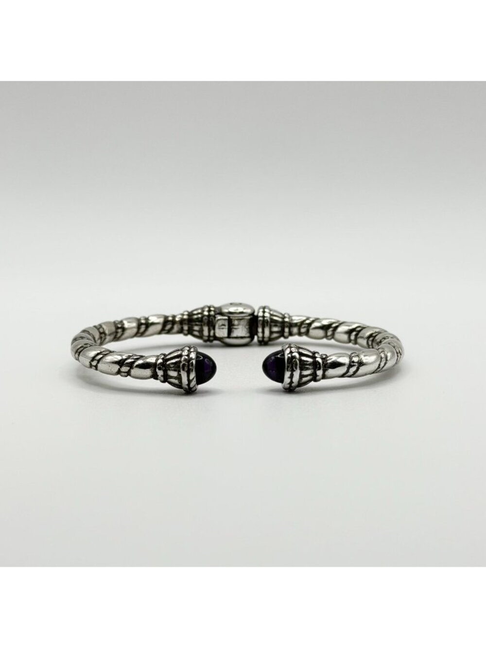 Silver Plated Hinged Bangle Bracelet With Purple Gemstone Accents